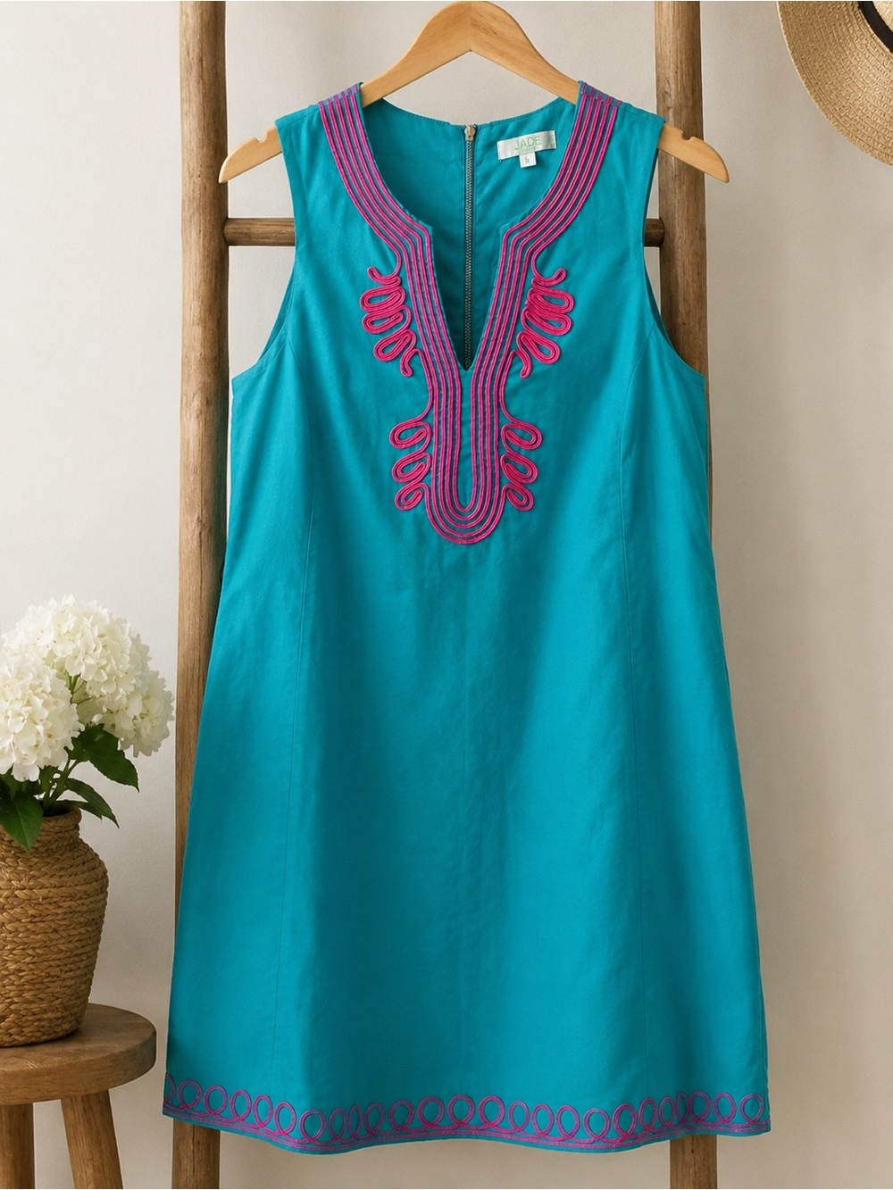 Jade Melody Tam Women’s Turquoise Sleeveless Dress with Pink Embroidery Large